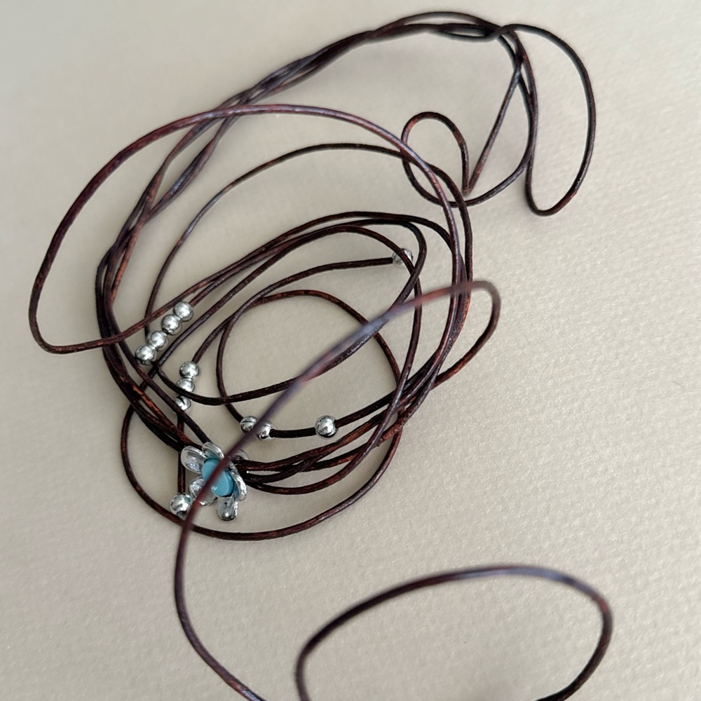 Anthropologie Brown Leather Lariat Necklace with Turquoise Flower Accent - Picture 5 of 6
